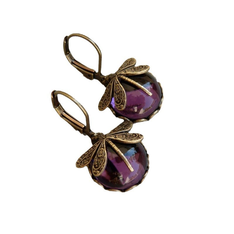 spherical dragonfly earrings in antique gold