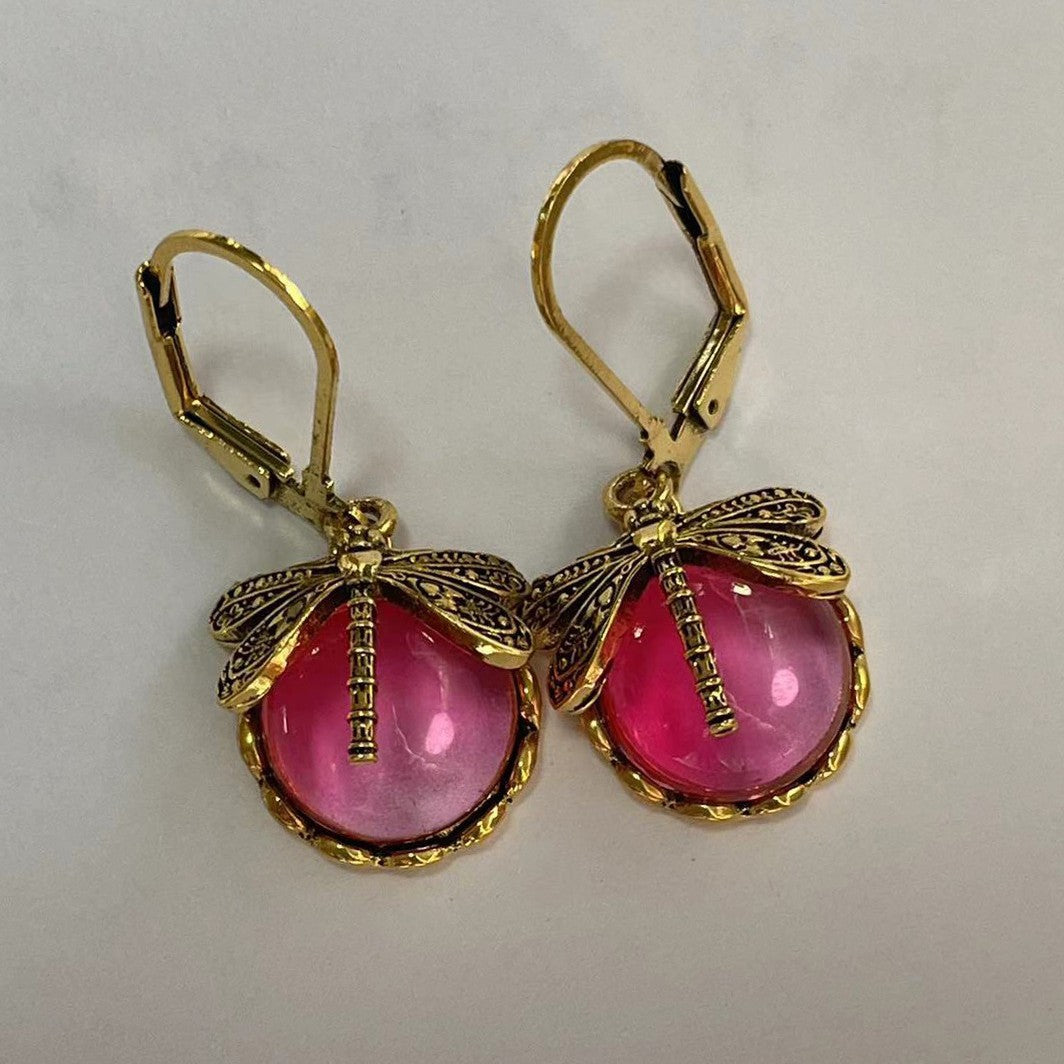 spherical dragonfly earrings in antique gold