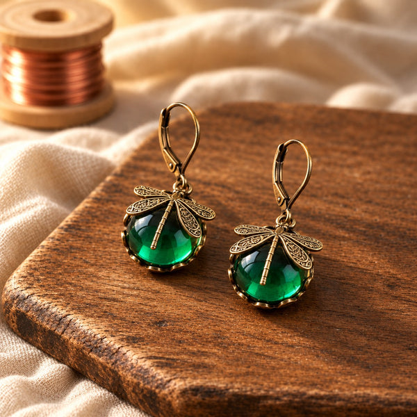 Spherical Dragonfly Earrings in Antique Gold