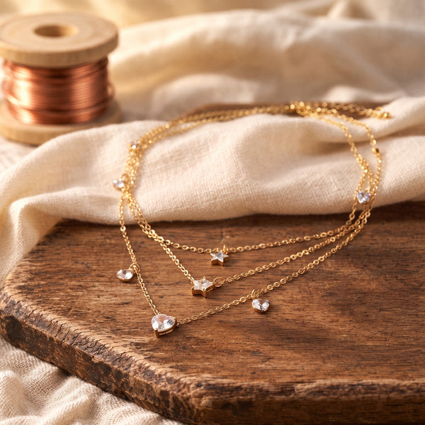 Three Pendant Necklace with Gold Zirconia