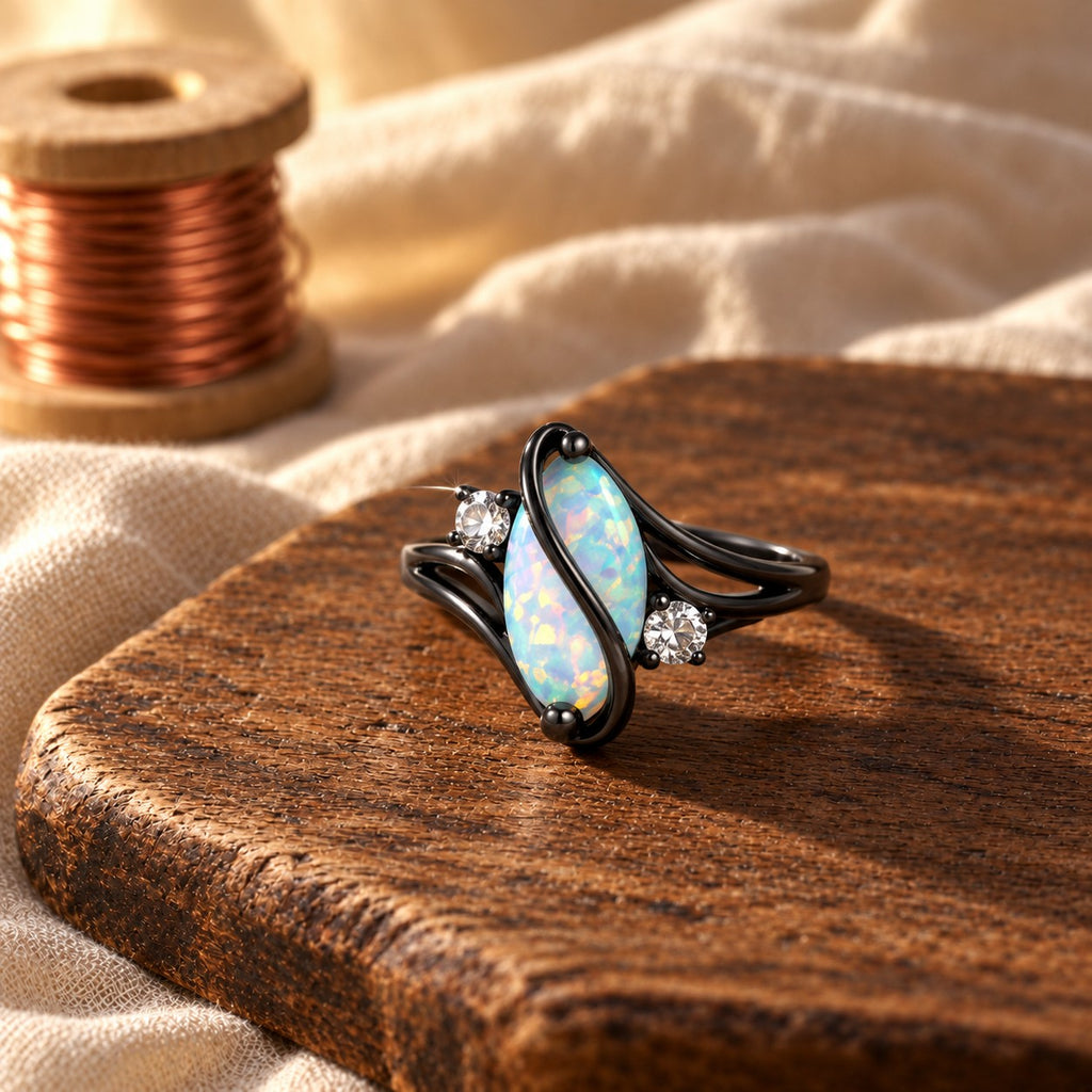 Vintage Black Silver Opal & Crystal Accent Ring