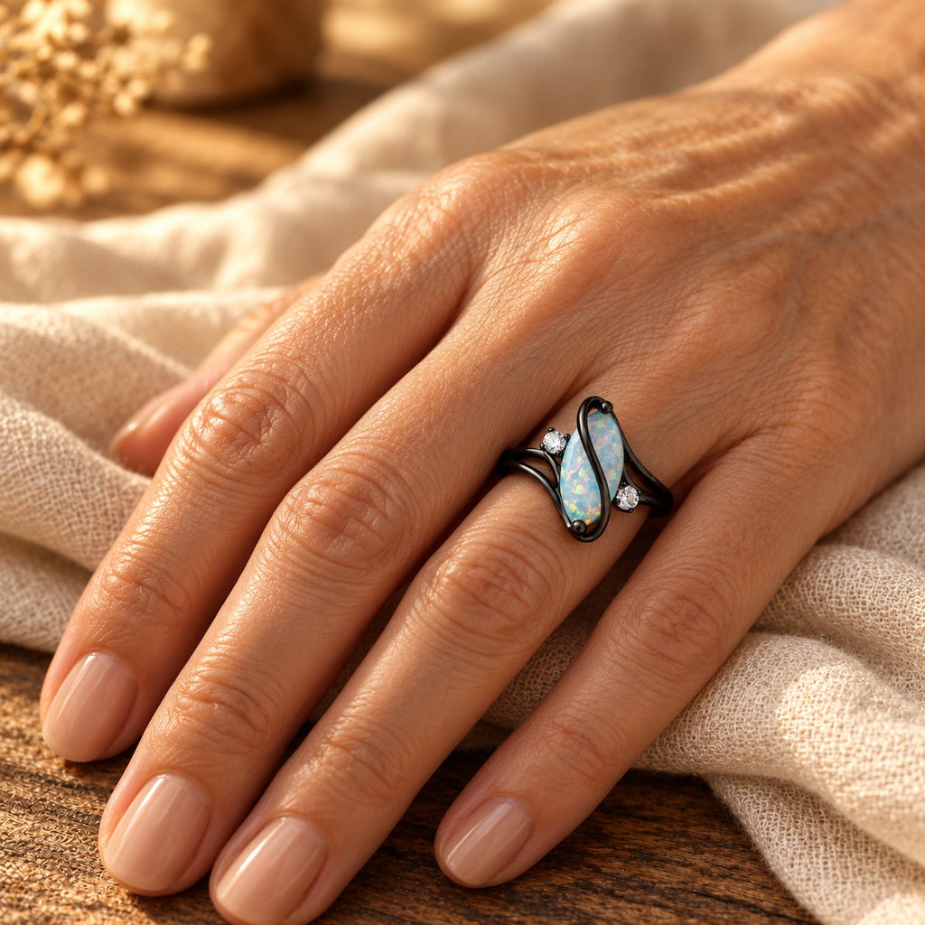 Vintage Black Silver Opal & Crystal Accent Ring