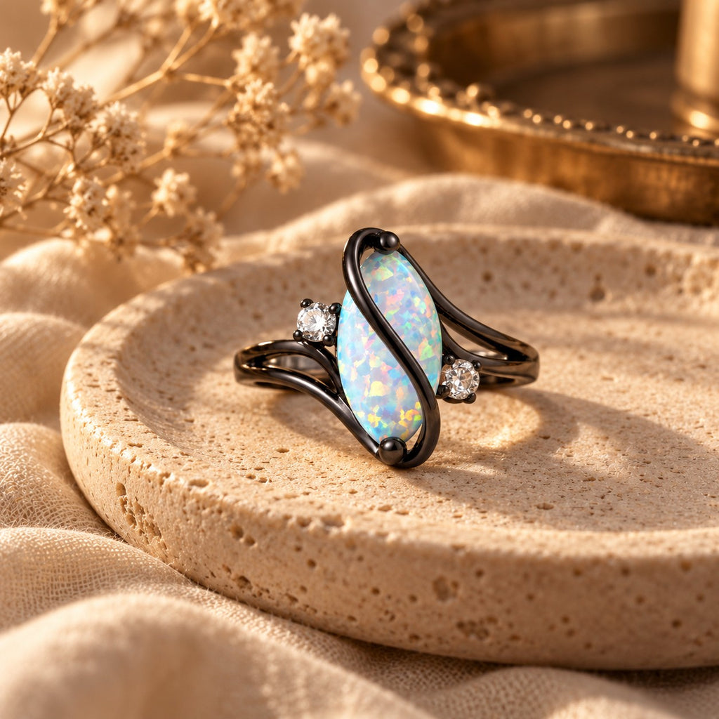 Vintage Black Silver Opal & Crystal Accent Ring