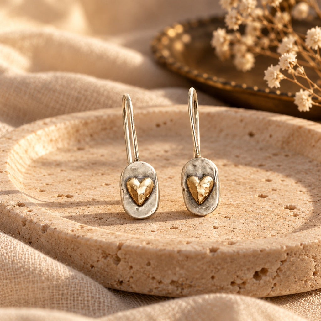Vintage Golden Heart Silver Earrings